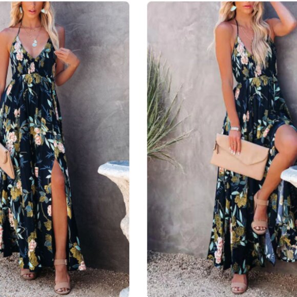 Aakaa Floral Smocked Halter Double Slit Maxi Dress Women's Medium – Navy/Green - Picture 5 of 13